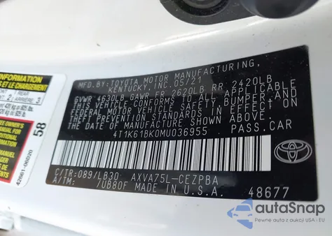 2021 Toyota Camry Xse Awd from USA, damaged, VIN 4T1K61BK0MU036955